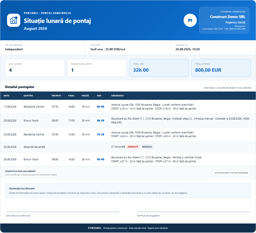 Raport lunar profesional generat în PONTABEL